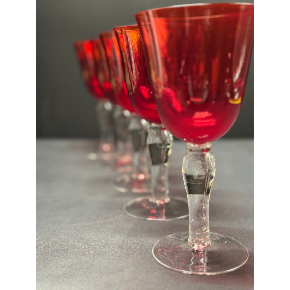 Set of 5 Handblown Ruby Red Bell-Shaped Goblets with Clear Stems – Elegant